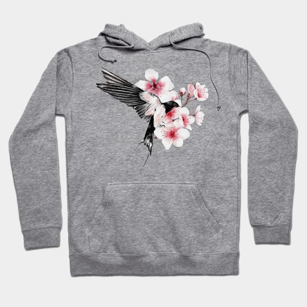 Beautiful Flying Swallow and Sakura Blossom - japanese painting Hoodie by KOTOdesign